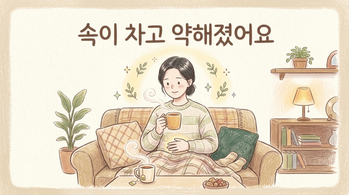 따뜻한 차를 앞에 두고 배에 손을 얹어 차갑고 약해진 속을 다독이는 여성의 모습