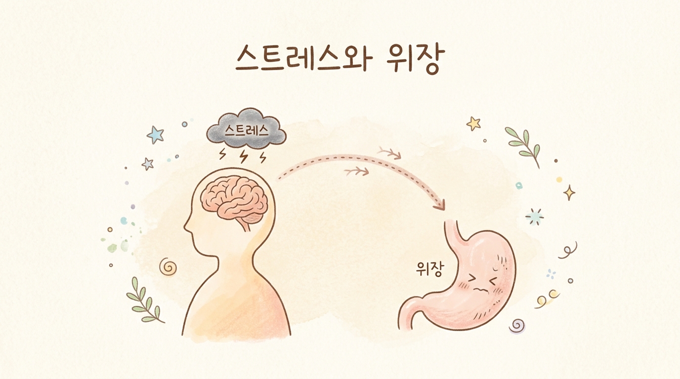 스트레스가 위장에 영향을 주는 뇌-위장 연결을 그린 개념 일러스트