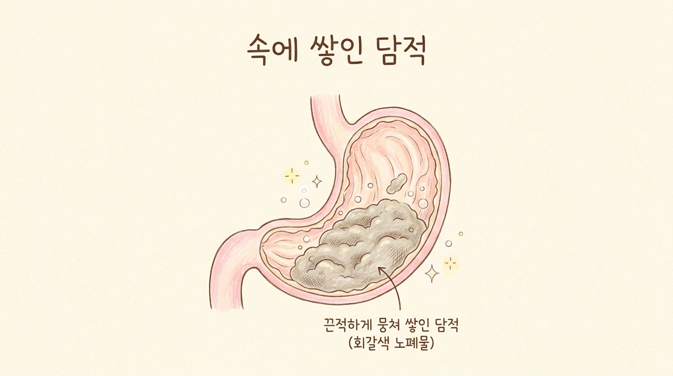 위 속에 담적이 끈적하게 쌓인 모습을 그린 개념 일러스트