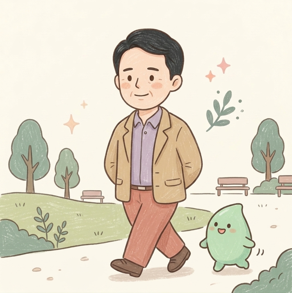 식사 후 바로 눕지 않고 가볍게 산책하는 모습을 그린 일러스트