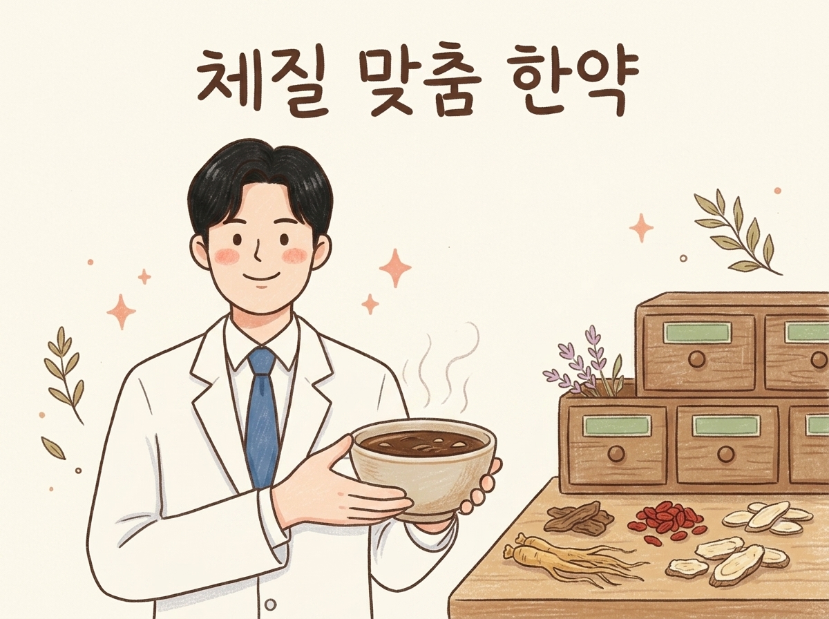 체질에 맞춘 한약으로 위장을 다스리는 모습을 그린 일러스트