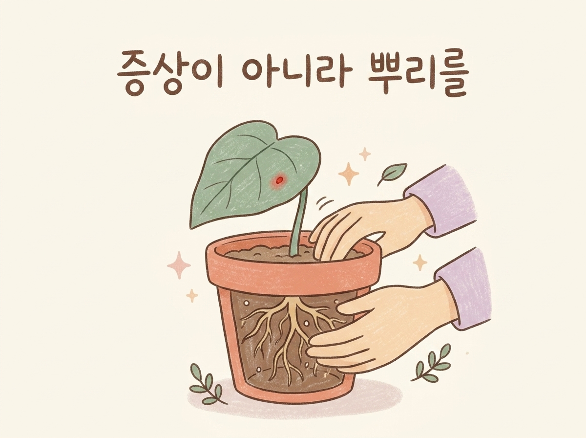 증상이 아니라 뿌리를 다스리는 한방 치료의 관점을 그린 일러스트