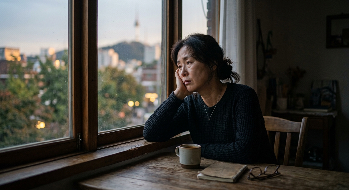 하루를 마치고 창가에 앉아 피로를 느끼는 중년 여성의 모습