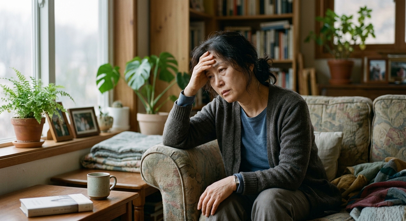 하루를 마치고 소파에 앉아 피로를 느끼는 중년 여성의 모습