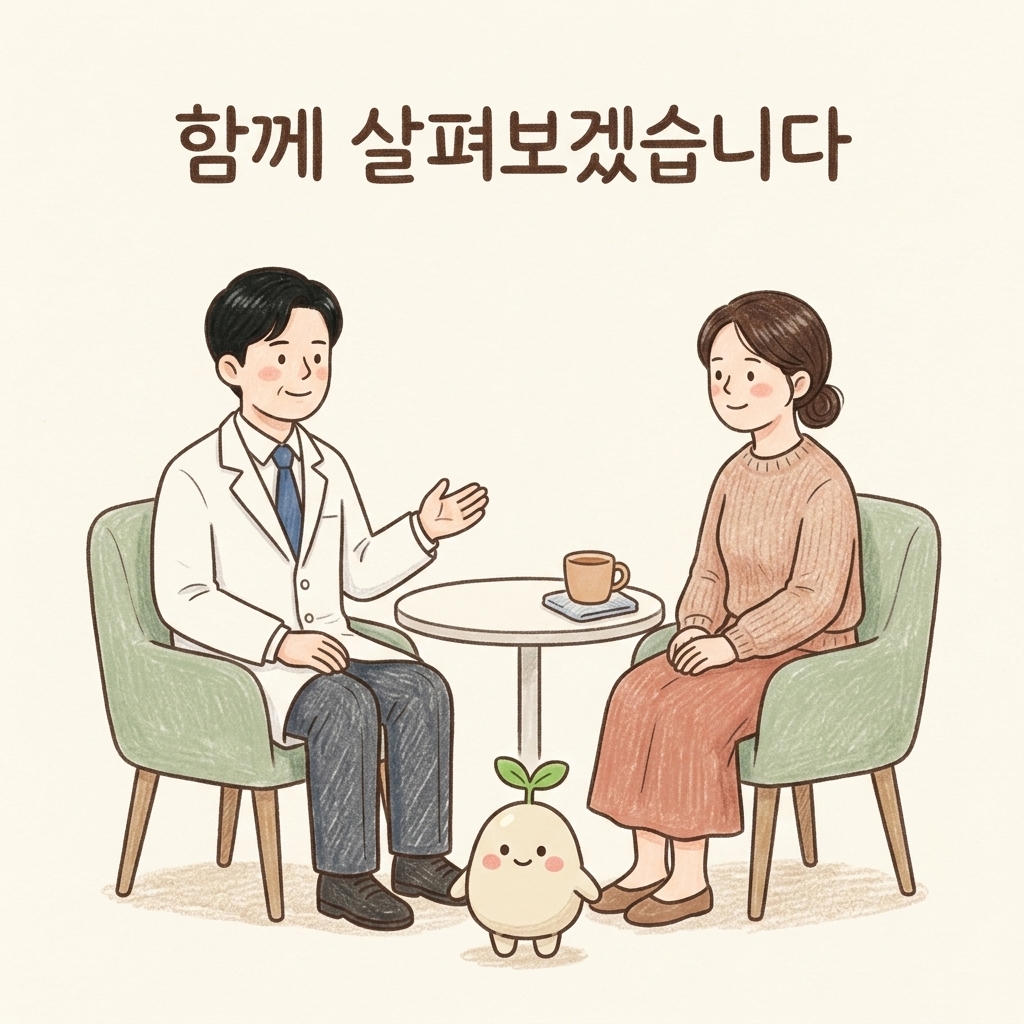 화병 상담을 하는 한의사와 환자 손그림 일러스트