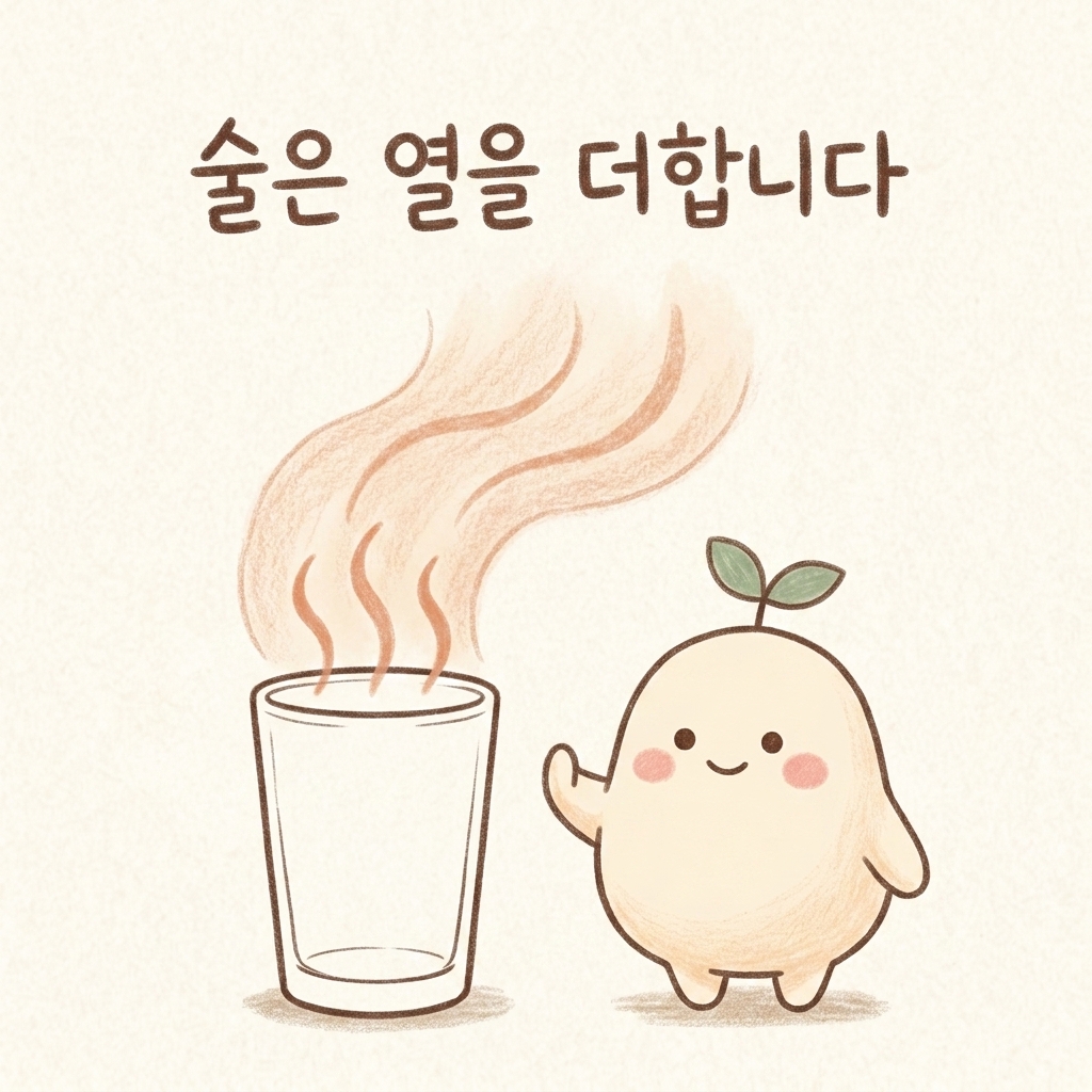 술로 답답함을 푸는 것이 열을 더한다는 내용의 손그림 일러스트