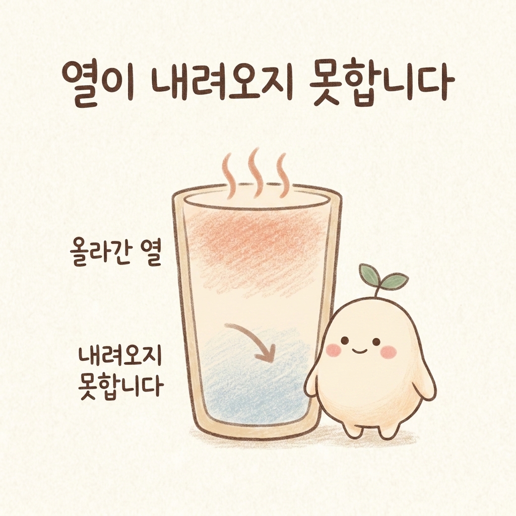 열이 위로만 뜨고 내려오지 않는 상태를 그린 손그림 일러스트