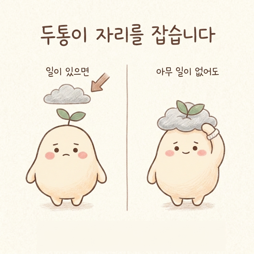 두통이 습관처럼 자리 잡는 과정을 그린 손그림 일러스트