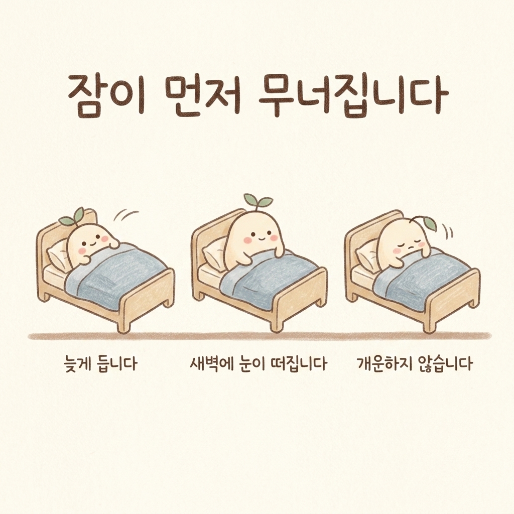 화병이 오래되면 잠이 무너지는 순서를 그린 손그림 일러스트