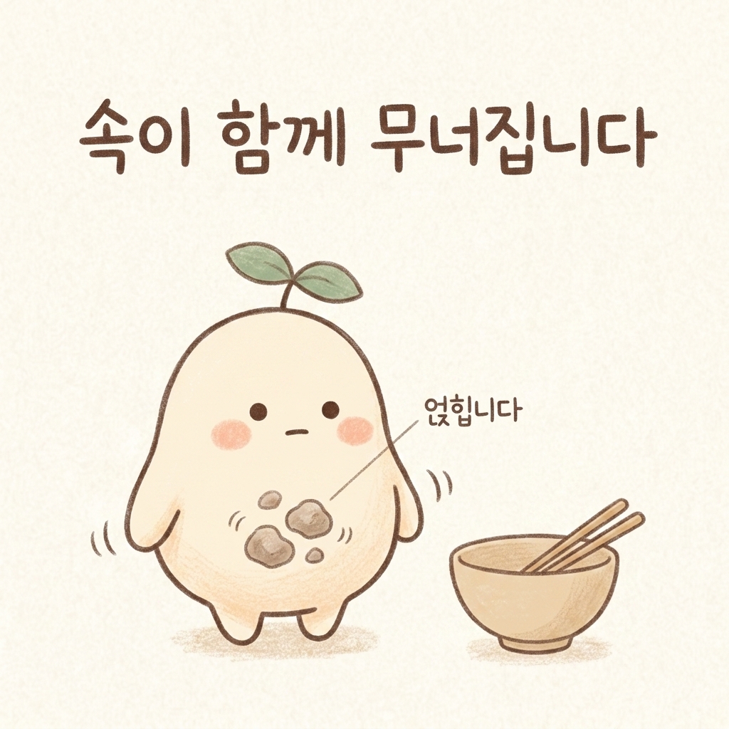 화병이 오래되면 속이 함께 무너지는 모습을 그린 손그림 일러스트