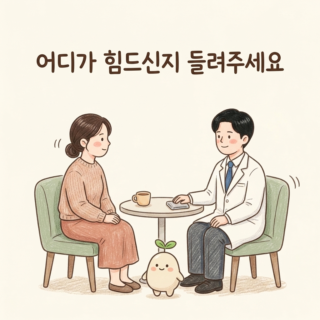 화병 증상을 상담하는 한의사와 환자 손그림 일러스트