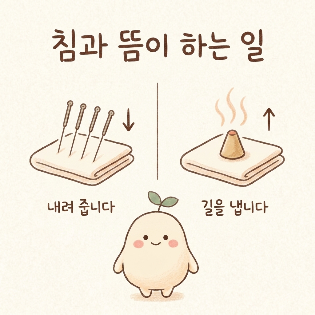 침과 뜸 치료를 표현한 손그림 일러스트