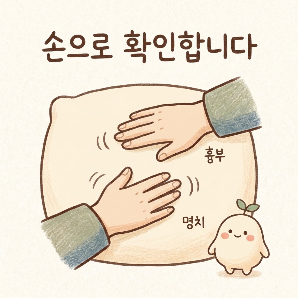 가슴과 명치를 눌러 확인하는 진료 모습을 그린 손그림 일러스트