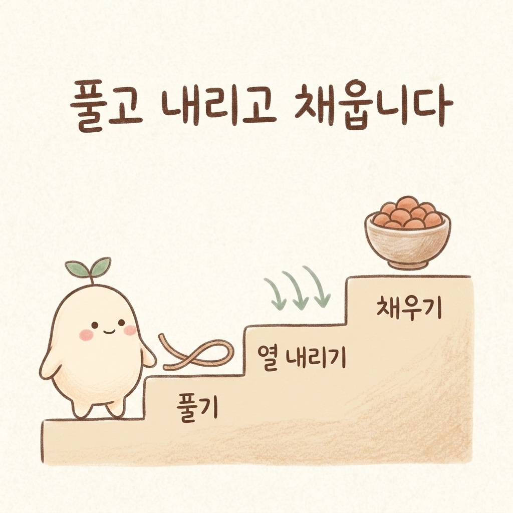 풀고 내리고 채우는 3단계 순서를 그린 손그림 일러스트