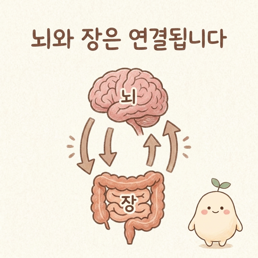 뇌와 장이 신호를 주고받는 관계를 그린 손그림 일러스트