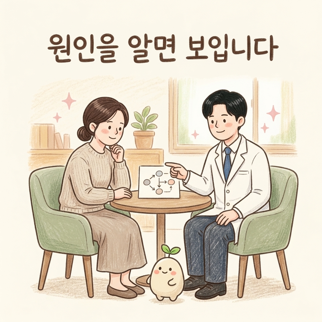 원인을 알면 방향이 보인다는 것을 설명하며 상담하는 한의사 손그림 일러스트