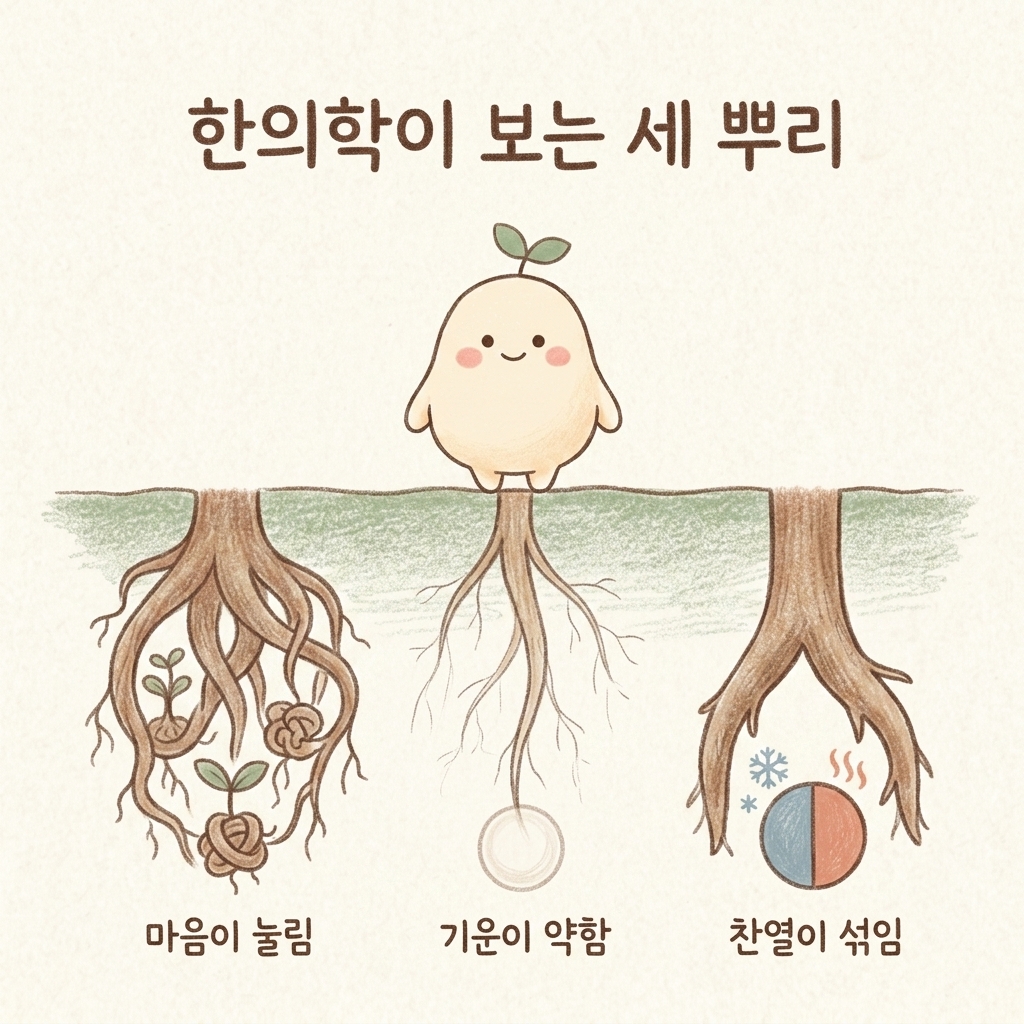 한의학에서 보는 세 가지 뿌리를 정리한 손그림 일러스트