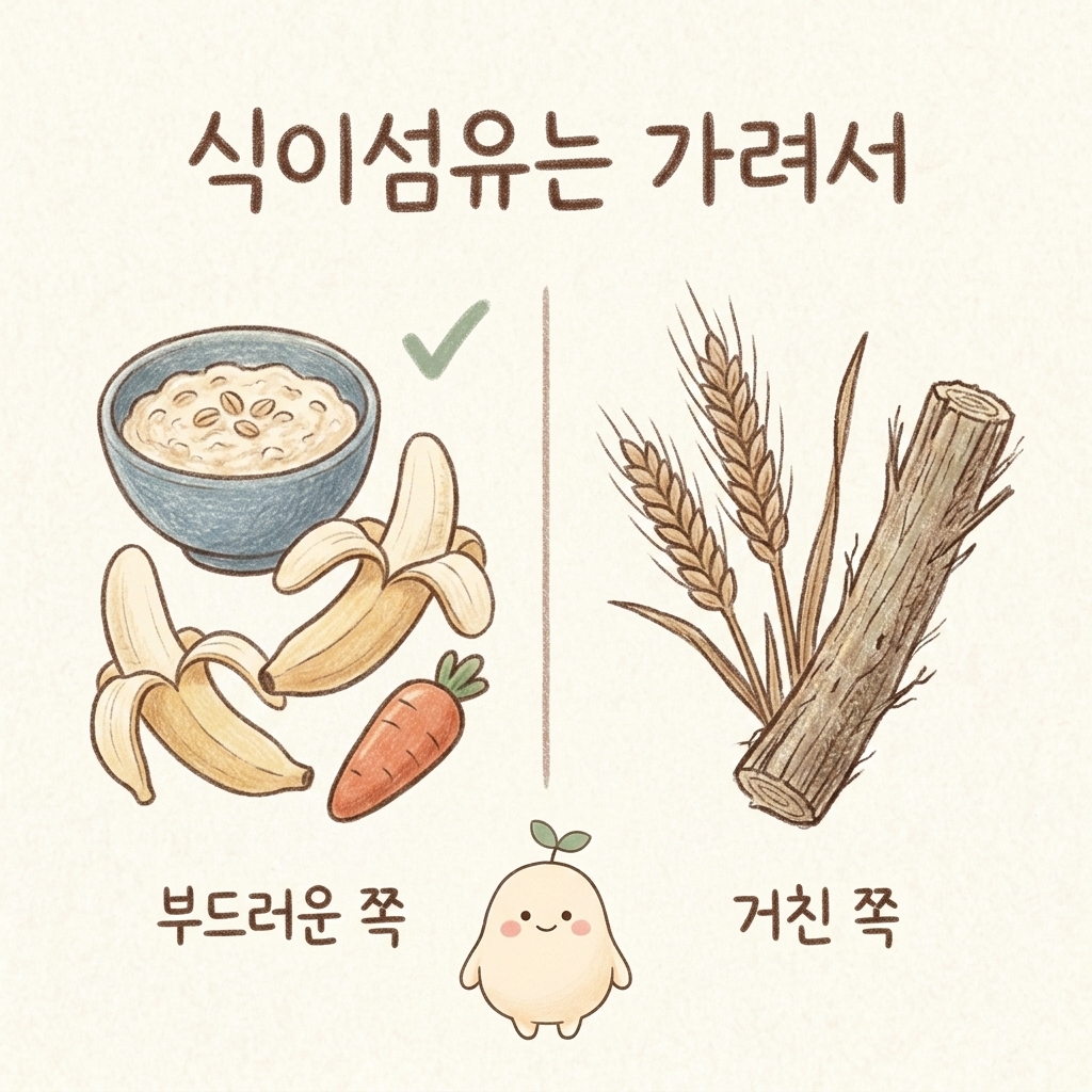 부드러운 식이섬유와 거친 식이섬유를 나누어 비교한 손그림 일러스트