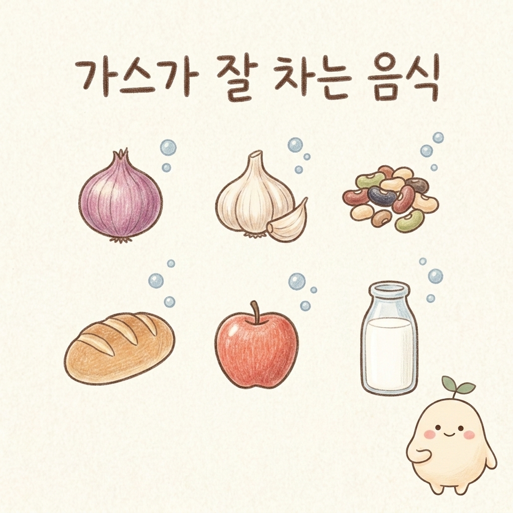 양파, 콩, 밀가루 등 가스가 잘 차는 음식을 그린 손그림 일러스트