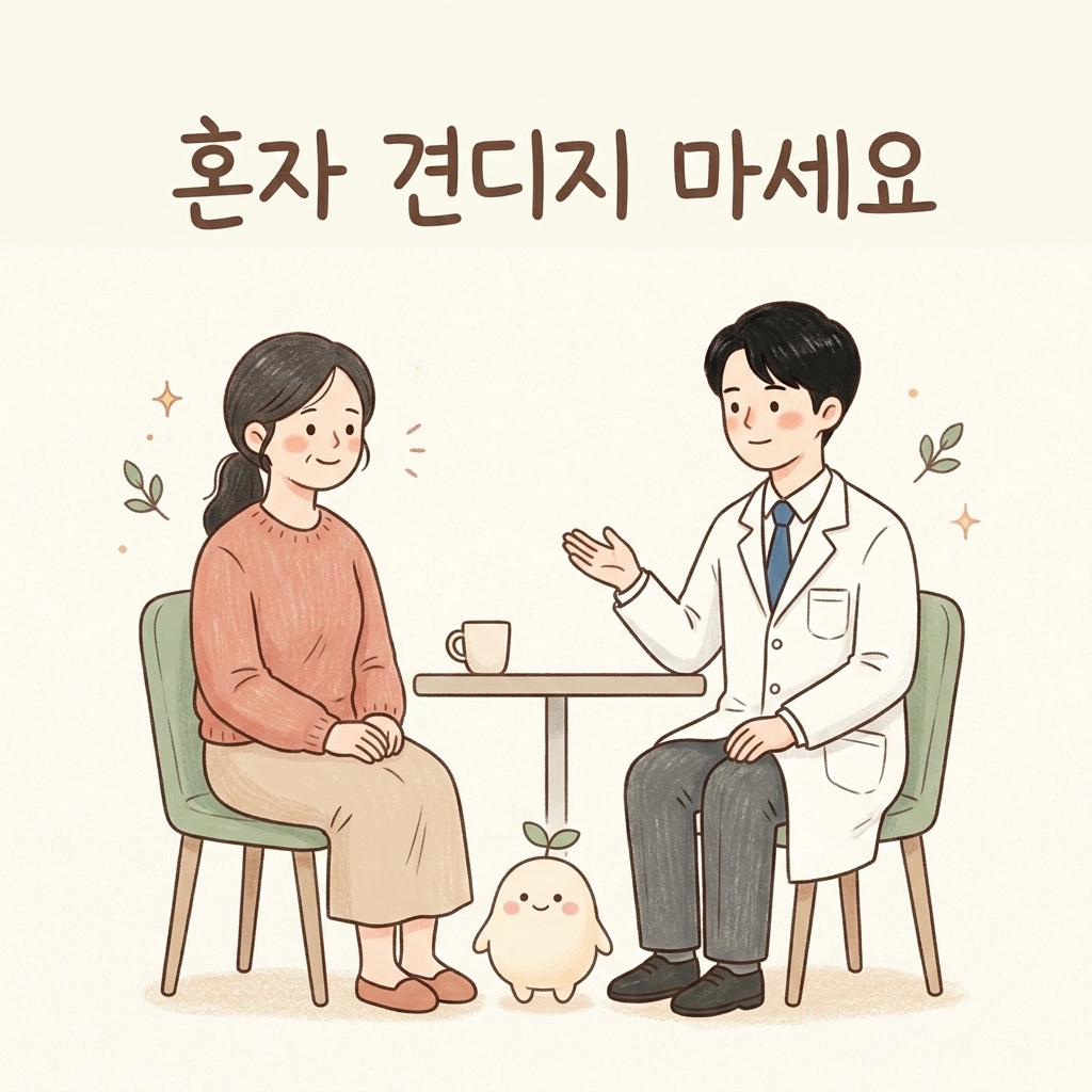 과민성 대장증후군으로 지친 환자를 편안하게 상담하는 한의사 일러스트