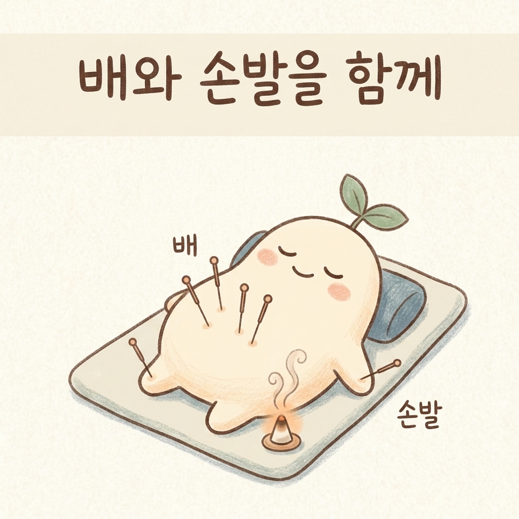 배와 손발에 침을 놓고 뜸으로 아랫배를 따뜻하게 하는 손그림 일러스트