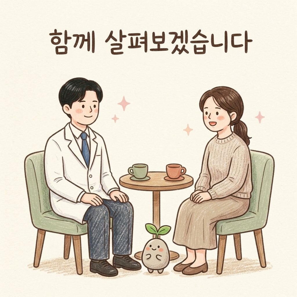 다섯 편을 마치며 환자와 상담하는 한의사 손그림 일러스트