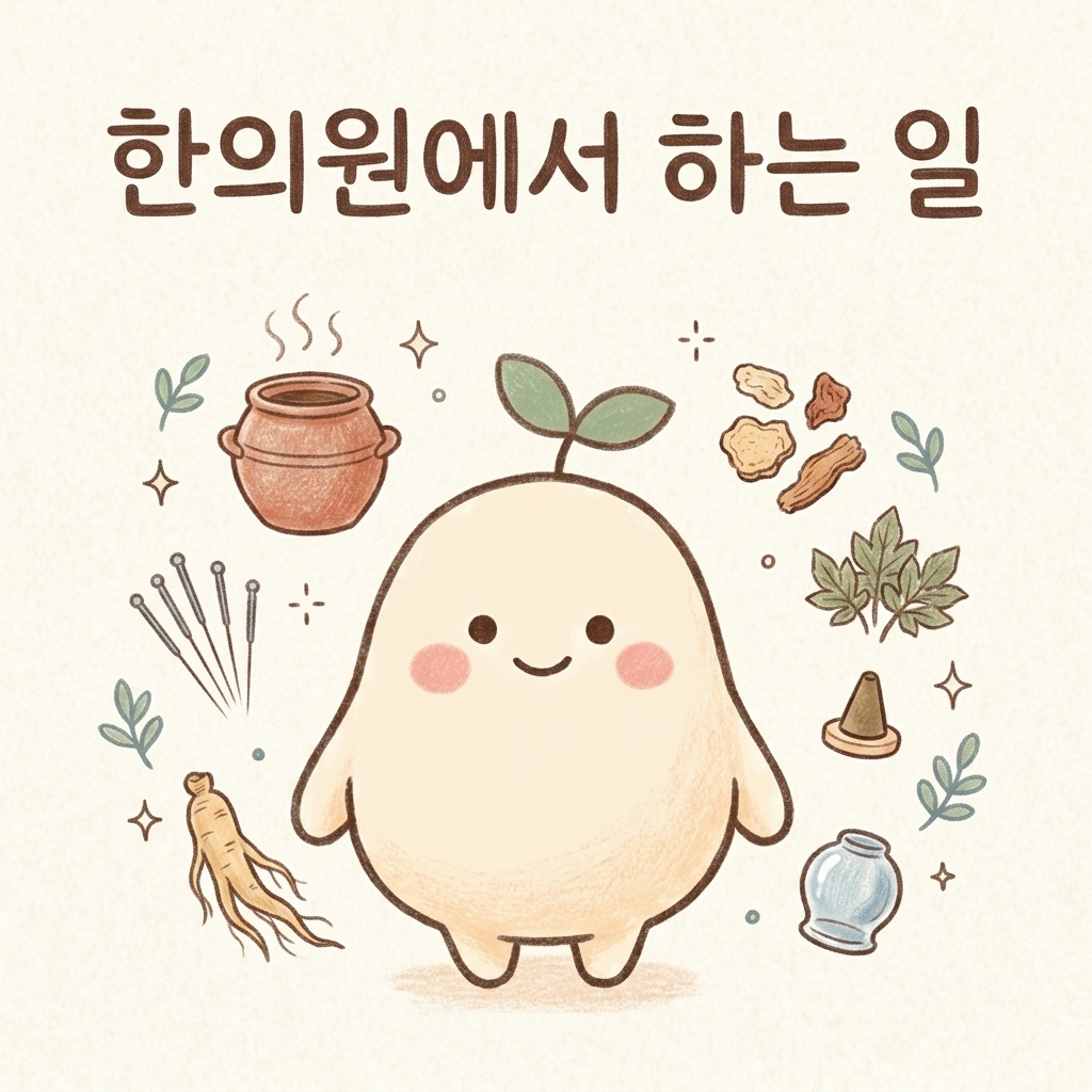 과민성 대장증후군의 한방 치료를 설명하는 손그림 일러스트