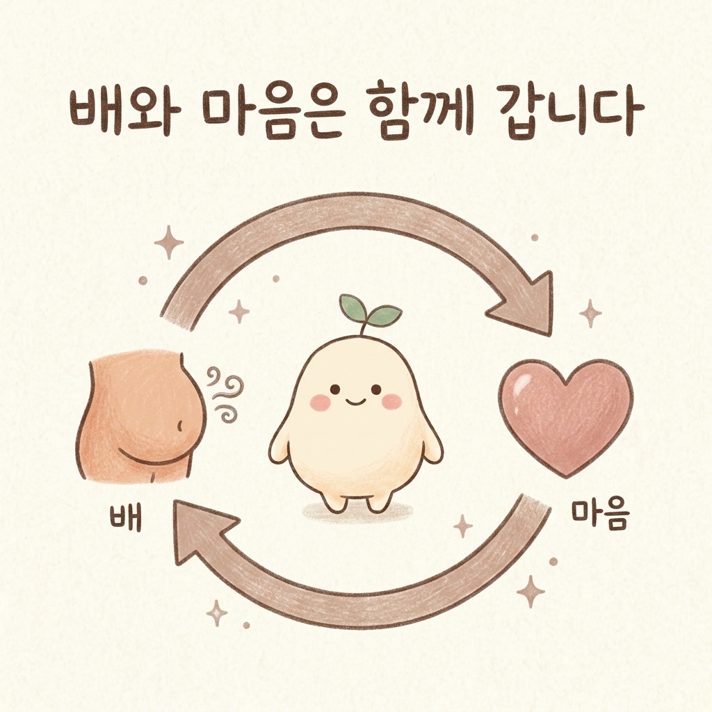 장과 마음이 서로 영향을 주고받는 관계를 그린 손그림 일러스트