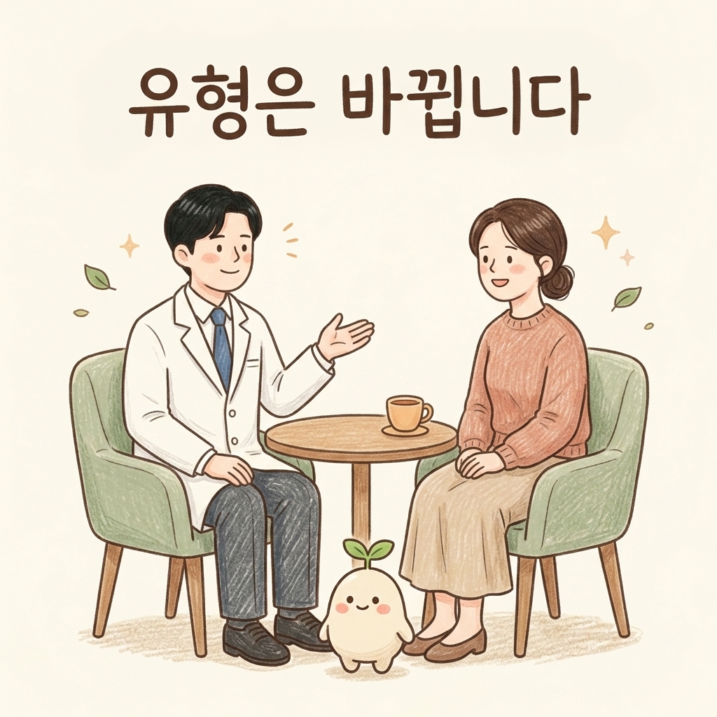유형은 바뀔 수 있다는 것을 설명하며 상담하는 한의사 손그림 일러스트