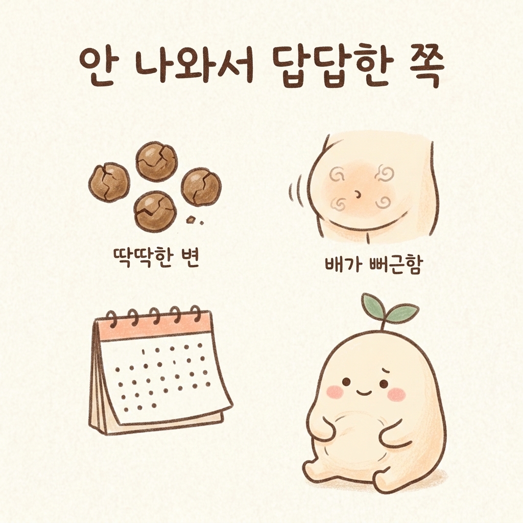 변이 딱딱하고 배가 뻐근한 변비형을 그린 손그림 일러스트