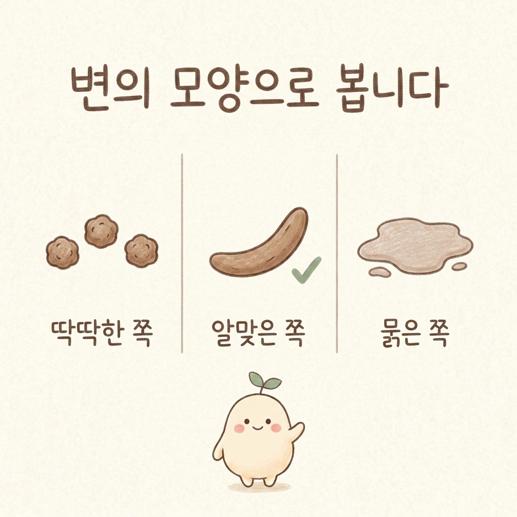 변의 모양을 딱딱한 쪽, 알맞은 쪽, 묽은 쪽 세 갈래로 나눈 손그림 일러스트
