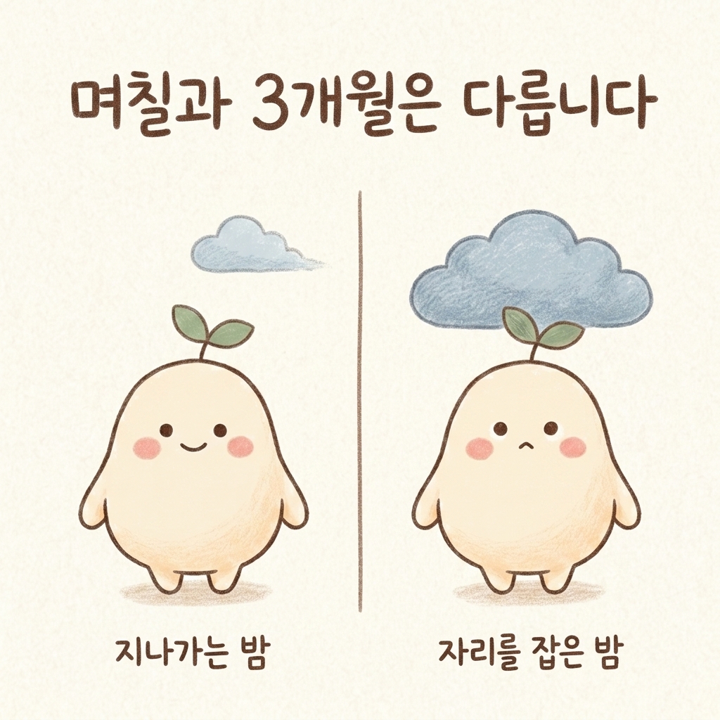 며칠 설친 잠과 오래된 불면을 나누어 그린 손그림 일러스트