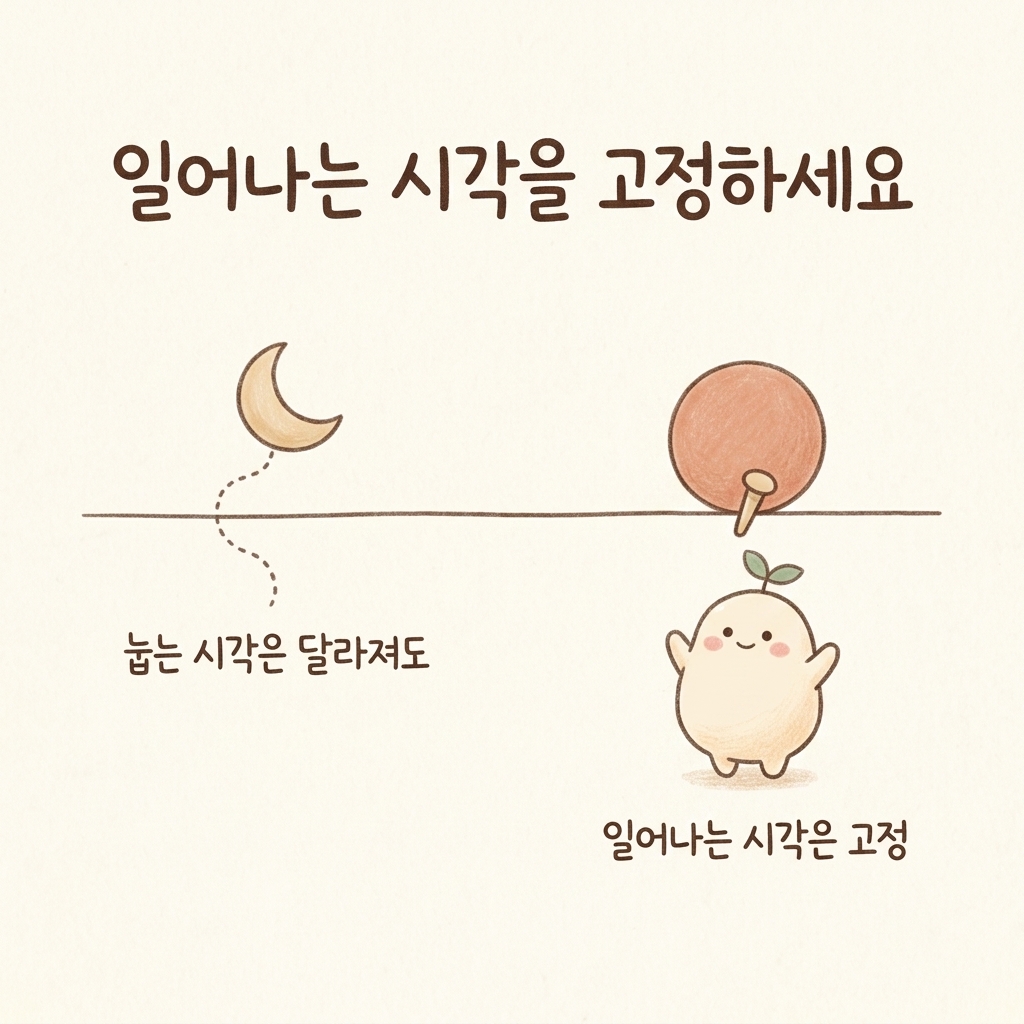 일찍 눕지 말고 일어나는 시각을 고정하라는 내용의 손그림 일러스트
