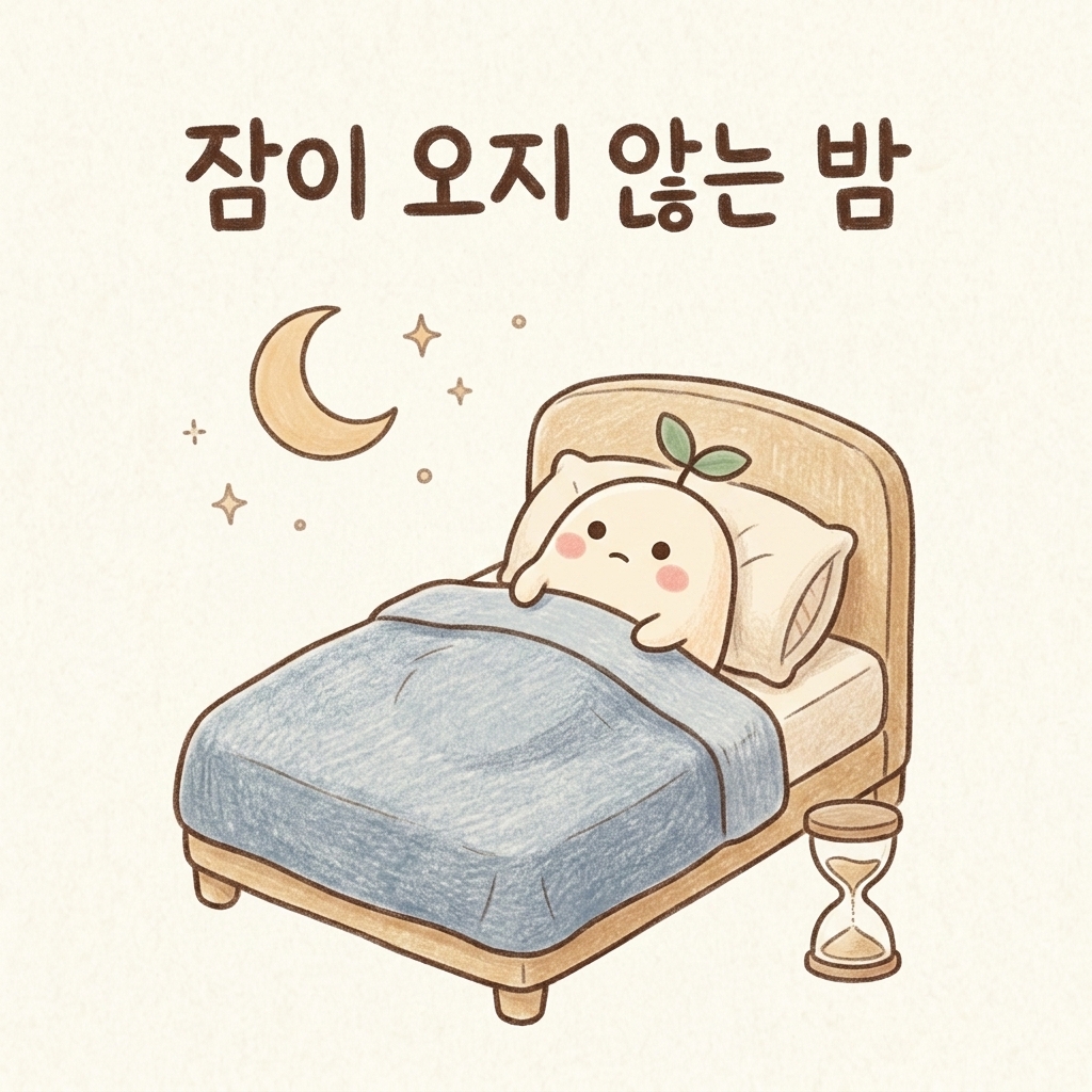 잠들지 못하고 뒤척이는 밤을 그린 손그림 일러스트