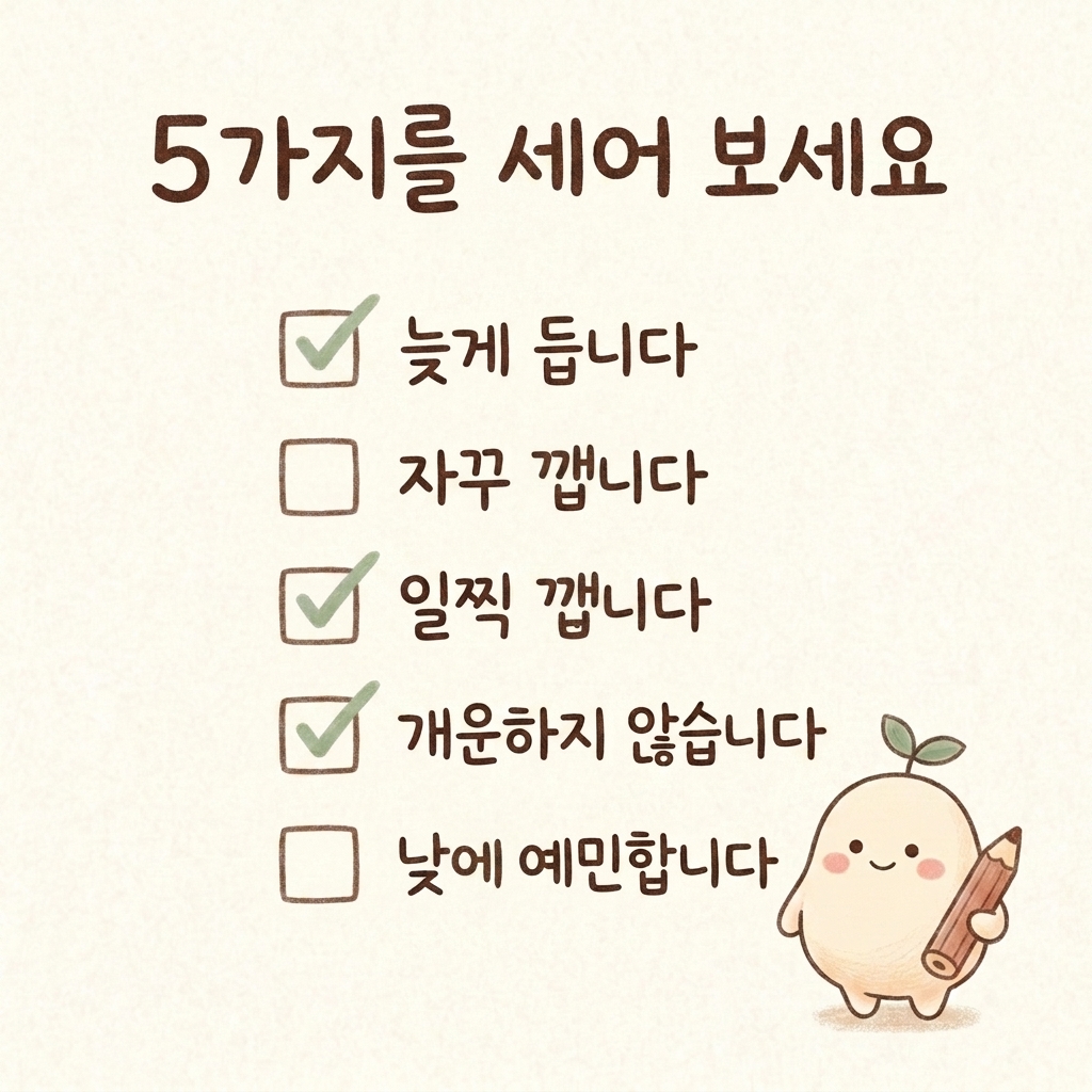 불면증 자가진단 5항목을 확인하는 손그림 일러스트