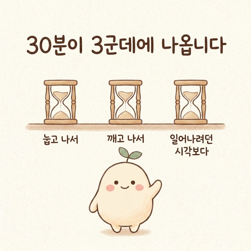 잠들기 30분 중간 각성 30분 이른 각성 30분을 비교한 손그림 일러스트