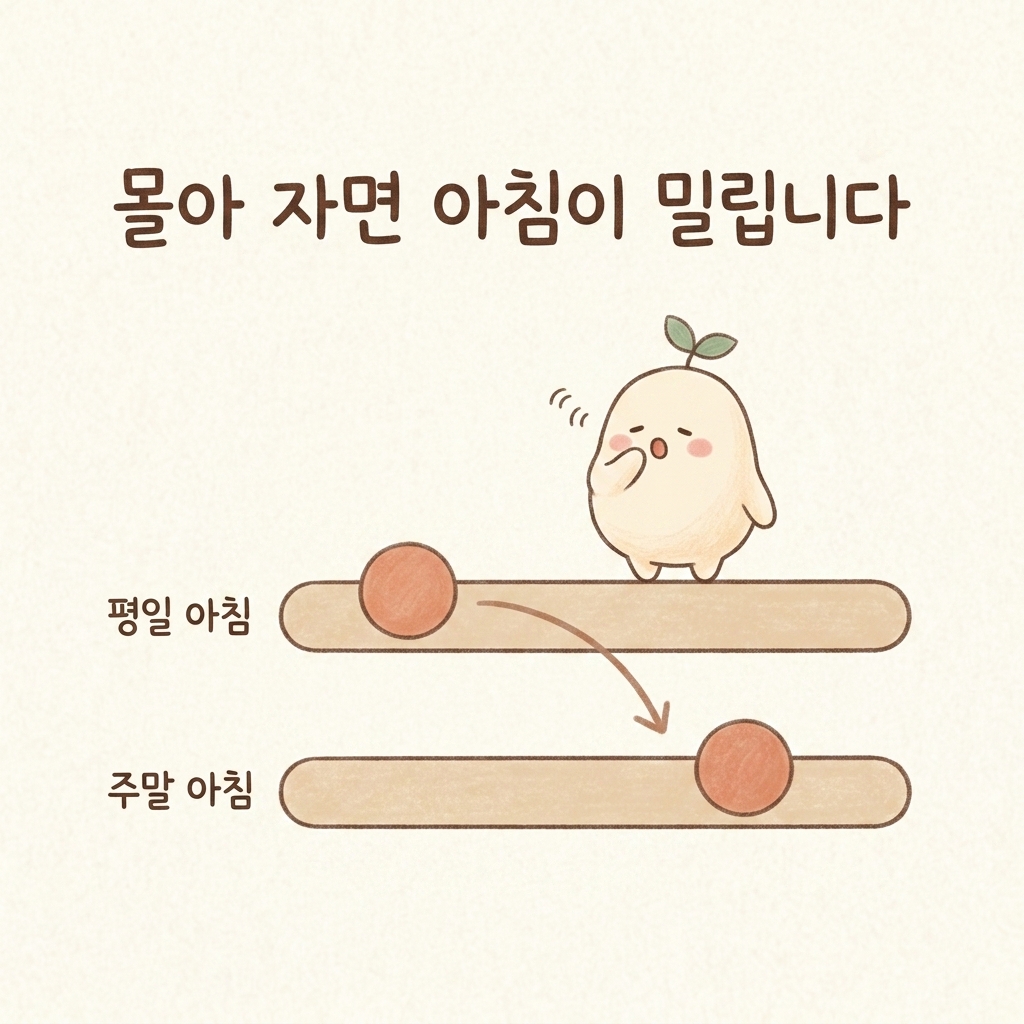 주말에 늦잠을 자는 것과 짧은 낮잠을 비교한 손그림 일러스트