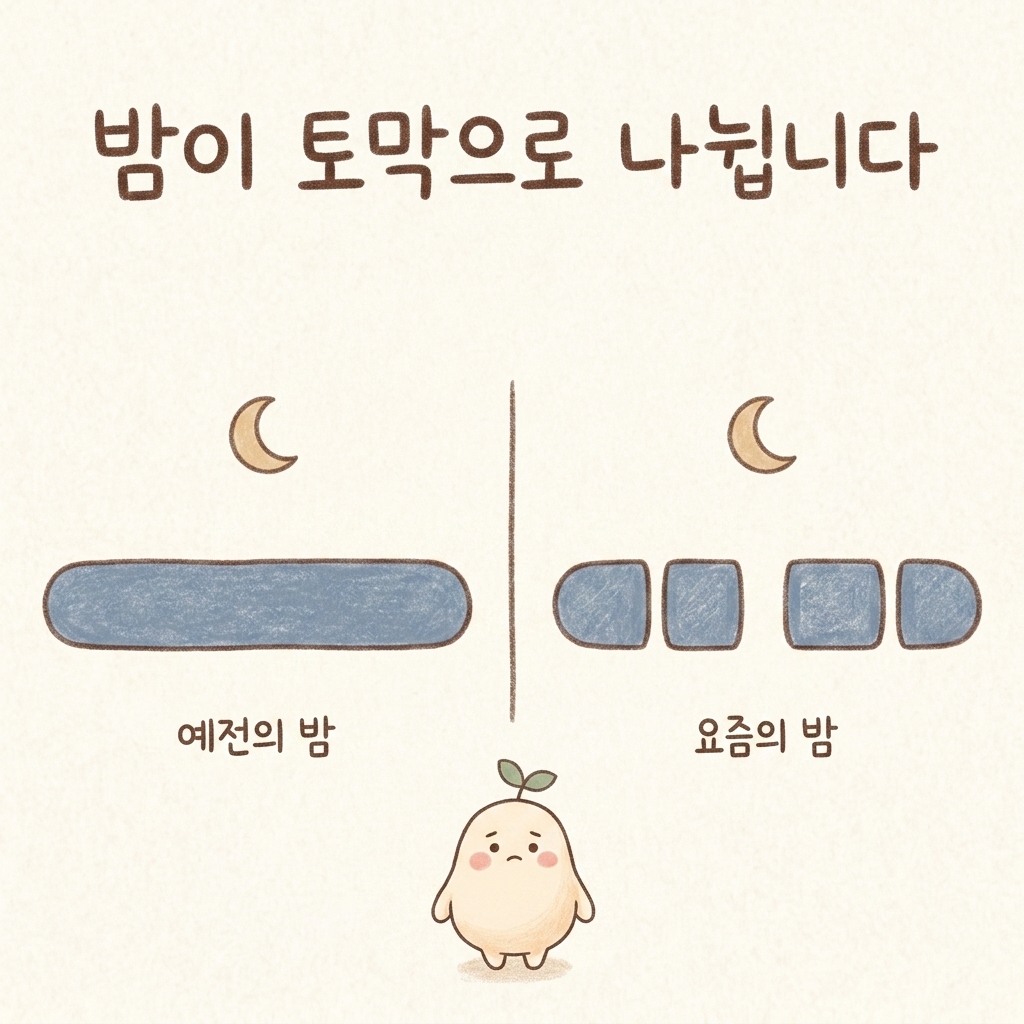 나이가 들면서 밤잠이 여러 토막으로 나뉘는 변화를 그린 손그림 일러스트