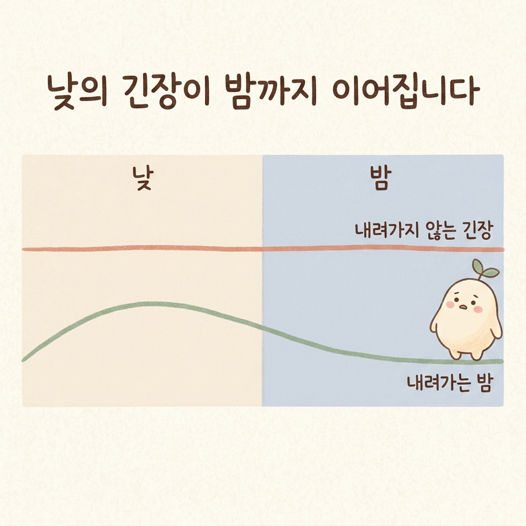낮밤 구분 없이 긴장이 이어지는 몸 상태를 그린 손그림 일러스트