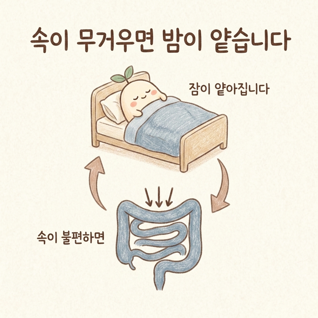 속이 불편하면 잠이 얕아지는 관계를 그린 손그림 일러스트