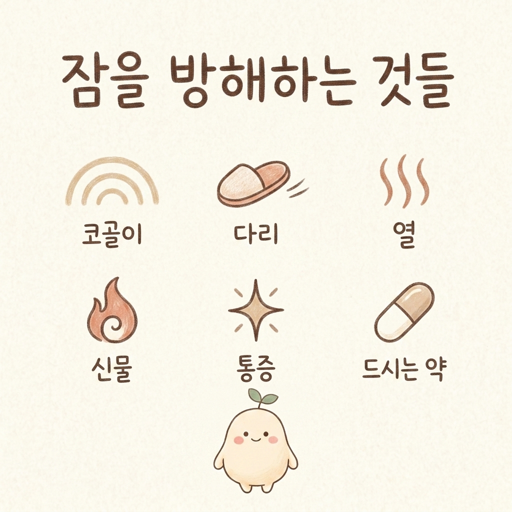 수면무호흡 하지불안 갱년기 등 잠을 방해하는 원인들을 그린 손그림 일러스트