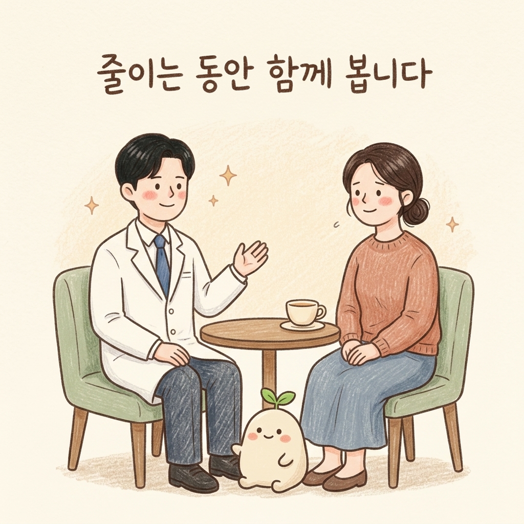 수면제를 줄이는 상담을 하는 한의사 손그림 일러스트