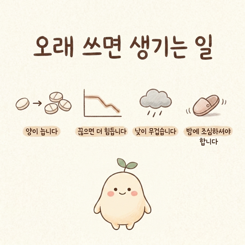 수면제를 오래 썼을 때 생기는 변화를 정리한 손그림 일러스트