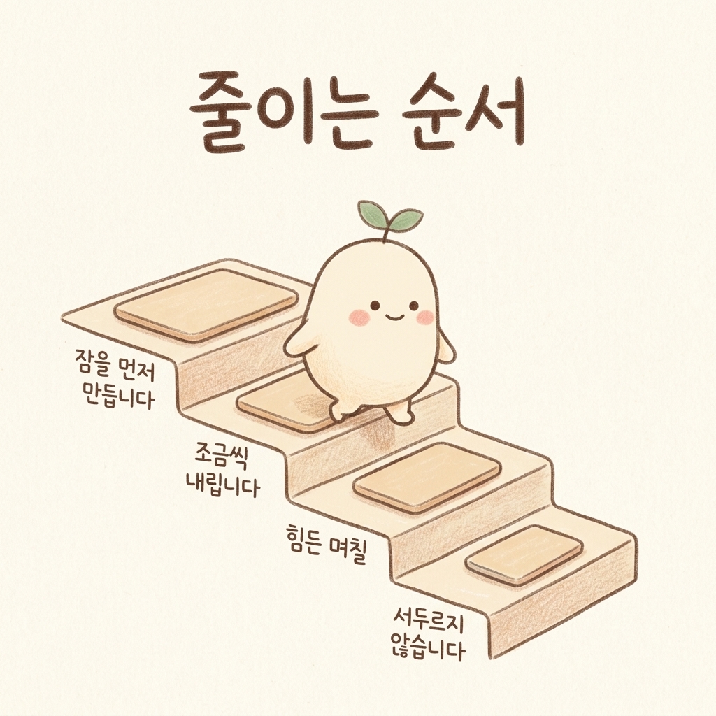 수면제를 단계적으로 줄이는 순서를 그린 손그림 일러스트
