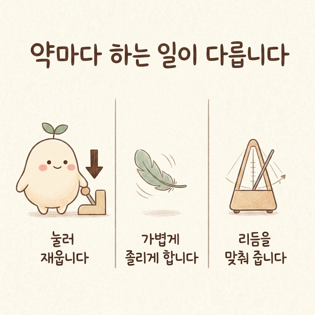 수면제의 3가지 갈래를 나누어 비교한 손그림 일러스트