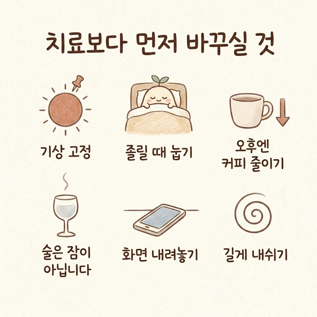 잠을 위해 먼저 바꿔야 할 생활 습관을 정리한 손그림 일러스트