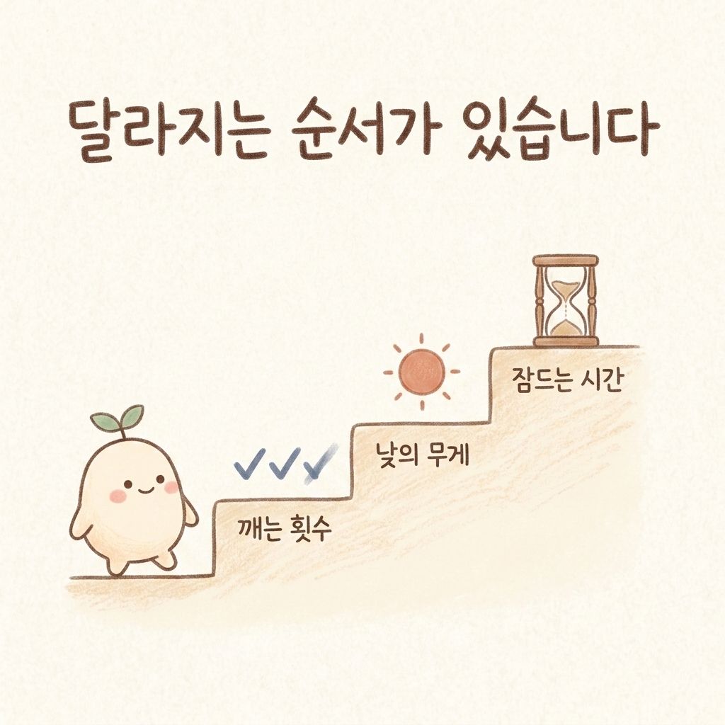 불면 치료 기간의 변화 순서를 그린 손그림 일러스트