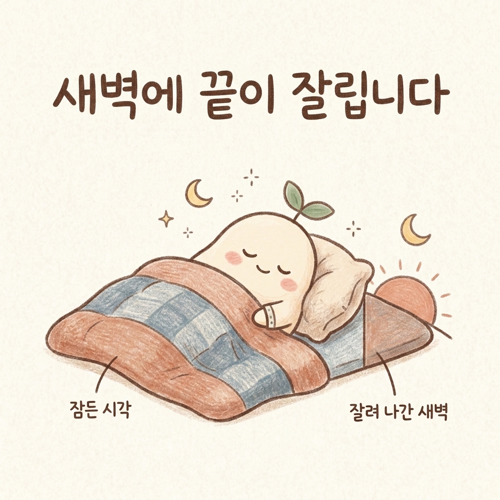 새벽에 일찍 깨어 다시 잠들지 못하는 모습을 그린 손그림 일러스트