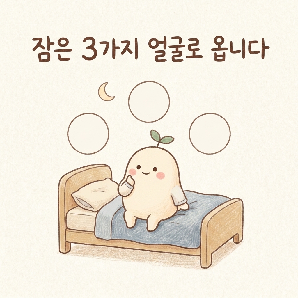 불면증의 3가지 유형을 나누어 그린 손그림 일러스트