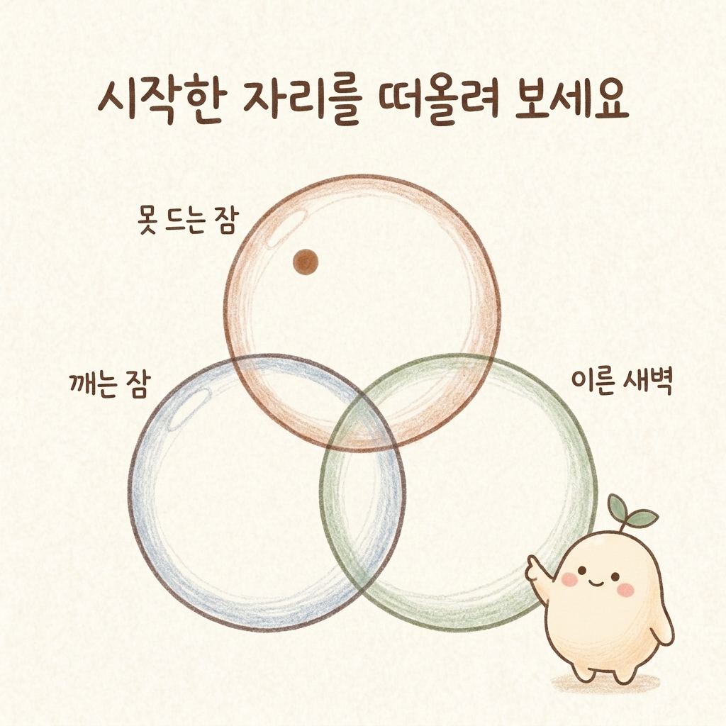 여러 유형이 섞인 불면의 시작점을 되짚는 손그림 일러스트